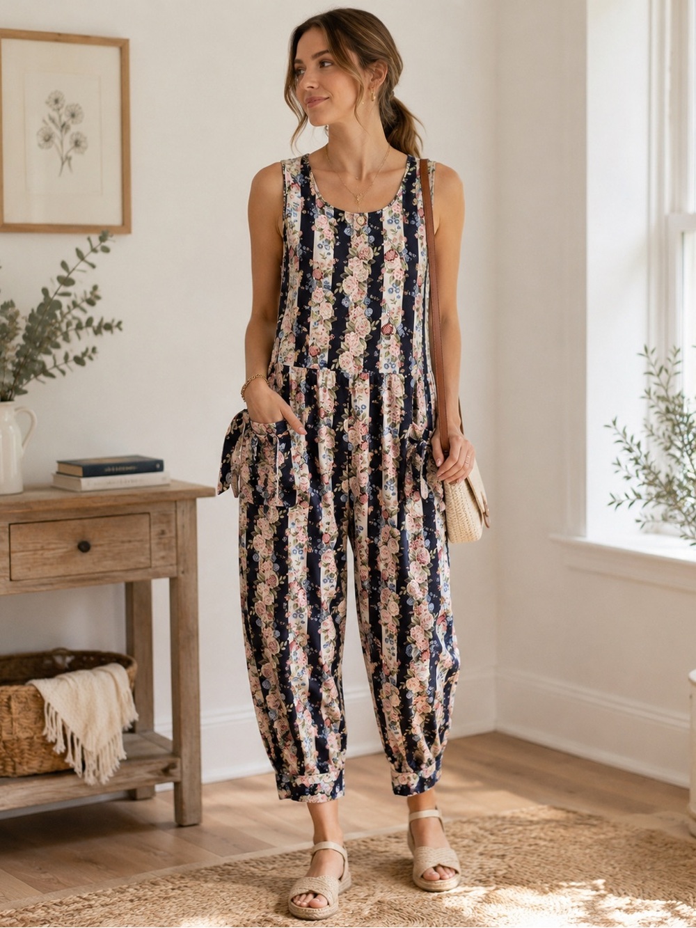 Vintage Ashfield’s Floral Stripe Cottagecore Jumpsuit sz10 Boho Romper
